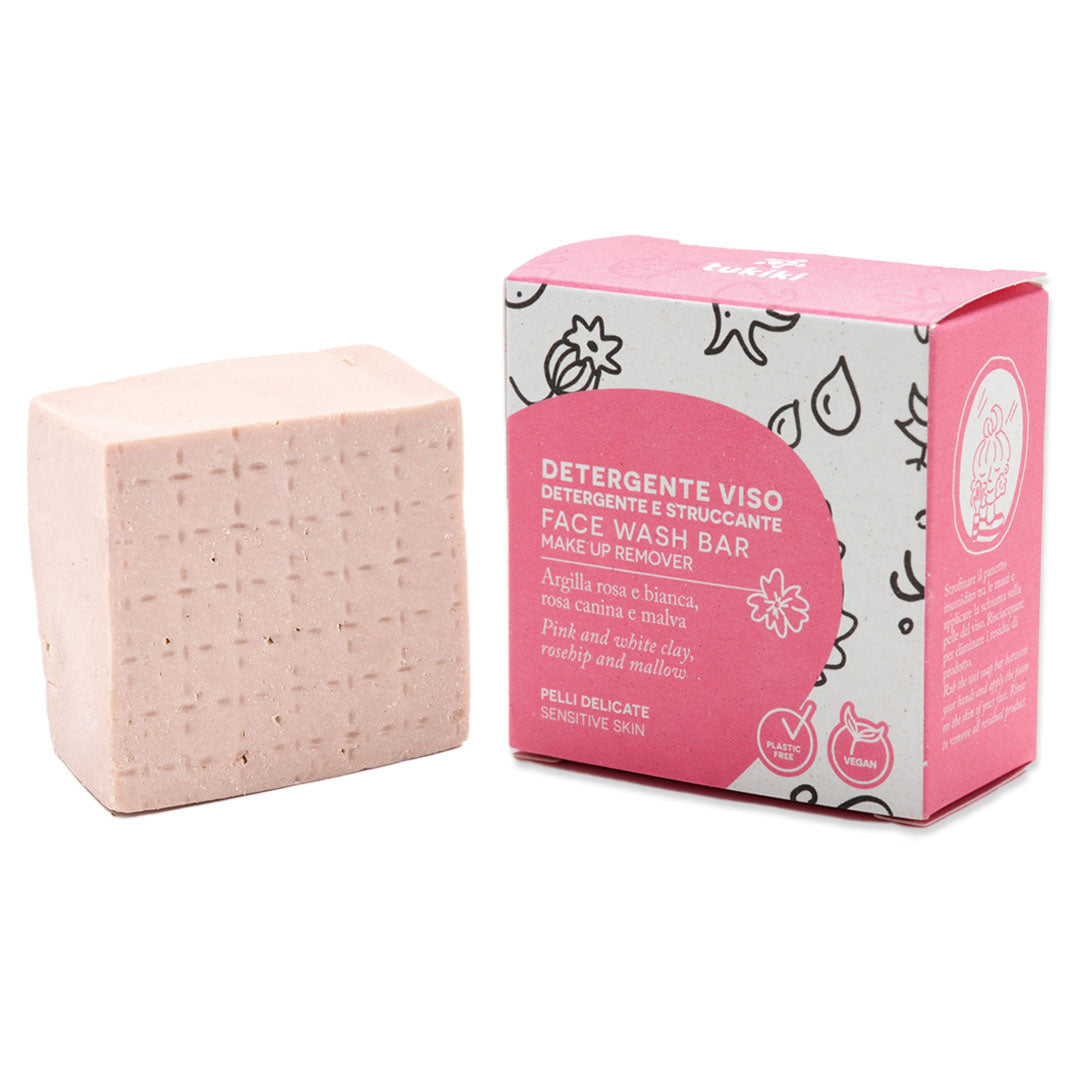 detergente e struccante viso solido tukiki da 70 gr con packaging