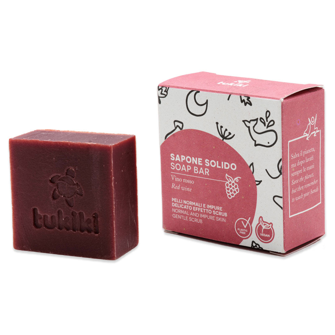 sapone scrub solido da 60 gr al vino rosso con packaging