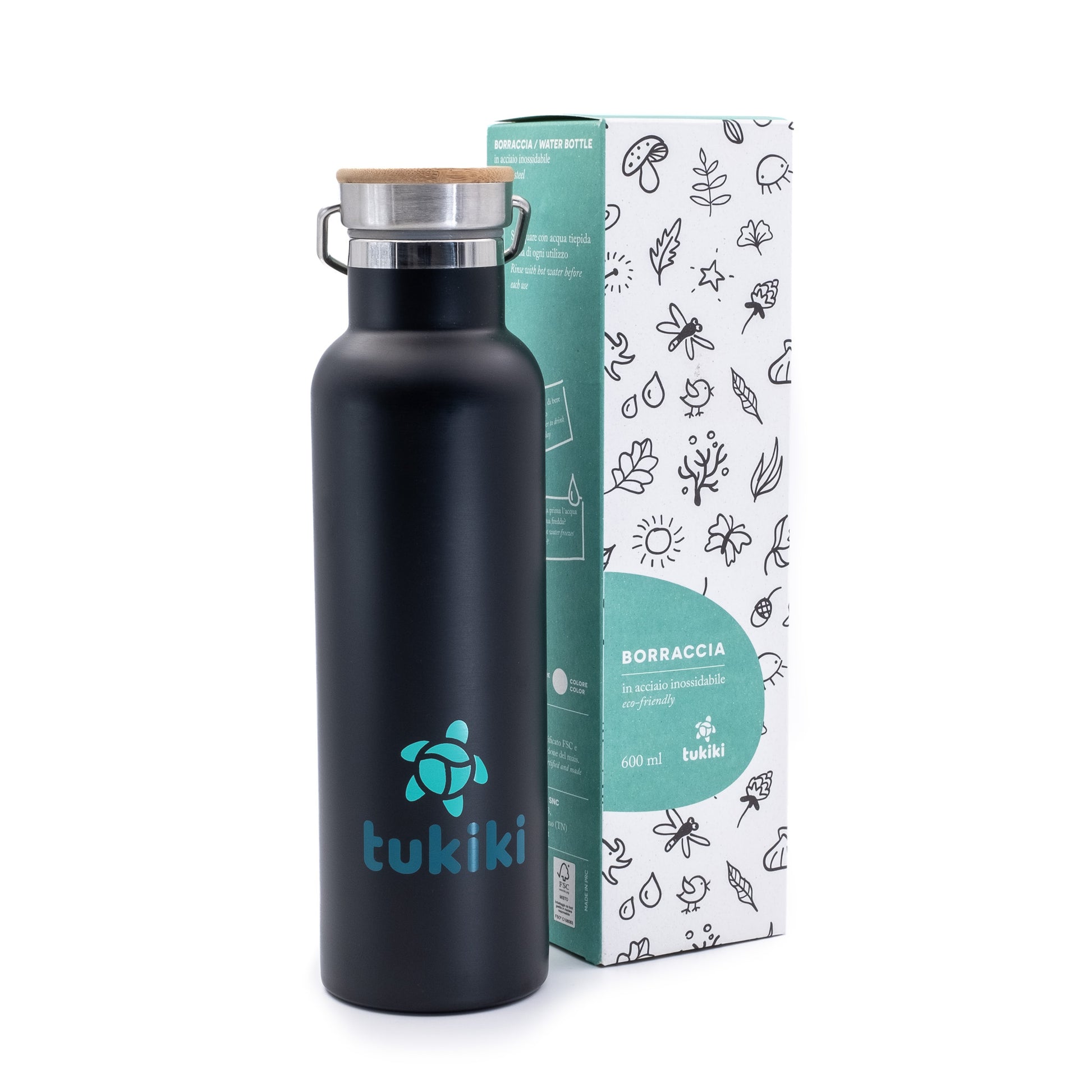 bottiglia termica nera tukiki con packaging da 600ml con tappo in legno
