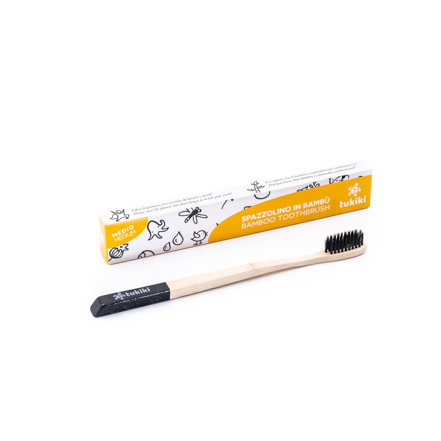 spazzolino di bambù tukiki con setole medie e packaging